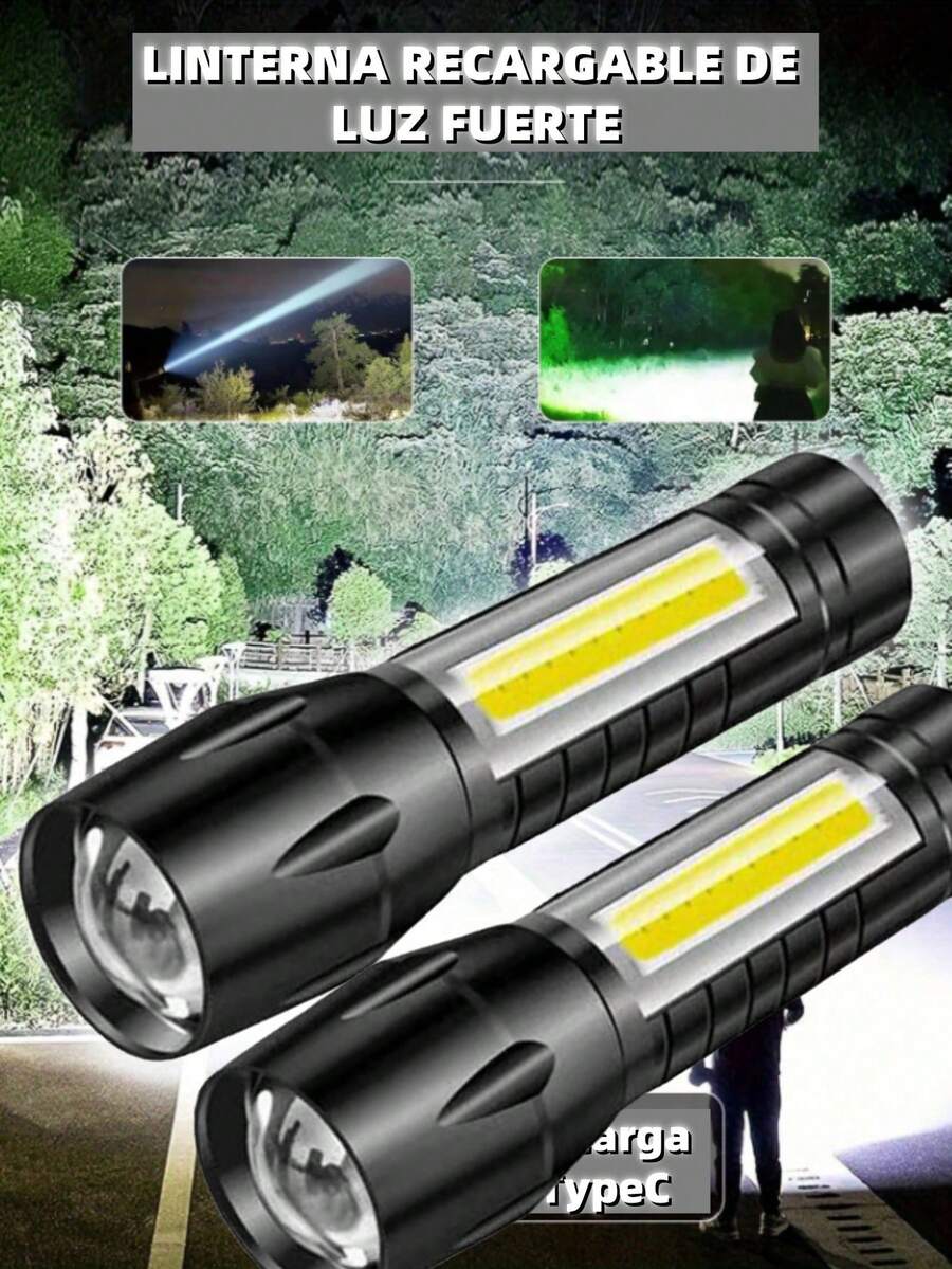 Linterna recargable de metal, alta luminosidad con zoom,  linterna impermeable de emergencia con zoom, linterna de metal portátil, reflector ligero para acampada, apagones, automóvil, iluminación al aire libre