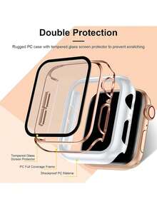 1个白色玫瑰金饰边时尚二合一保护壳，带超薄钢化玻璃屏幕保护膜，防震保护套，兼容 Series Ultra/SE/7/6/5/4/3/2/1，38/40/41/42/44/45/46/49mm，适用于屏幕保护膜 - 白色 - 查看 7