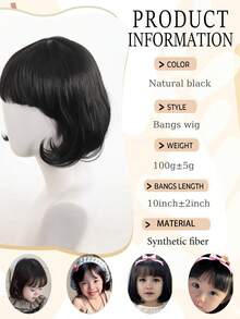 Peluca corta de 10 pulgadas y 2 pinzas para el cabello con moño rosa, peluca sintética resistente al calor, accesorios para el cabello de niñas con pinzas de moño - Negro natural - Ver 4