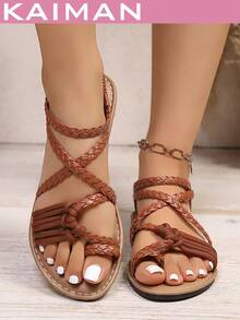1 Pair Women's New Fashion Flat Sandals, Basic PU Leather Woven Beach Sandals, Spring/Summer,Flip Flops - Brown - View 2