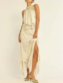 Women Satin Skirt Set Lace Trim Mock Neck Backless Tops Asymmetry Hem Maxi Skirt Y2k Silky Going Out Outfits - vàng nhạt - Xem 1