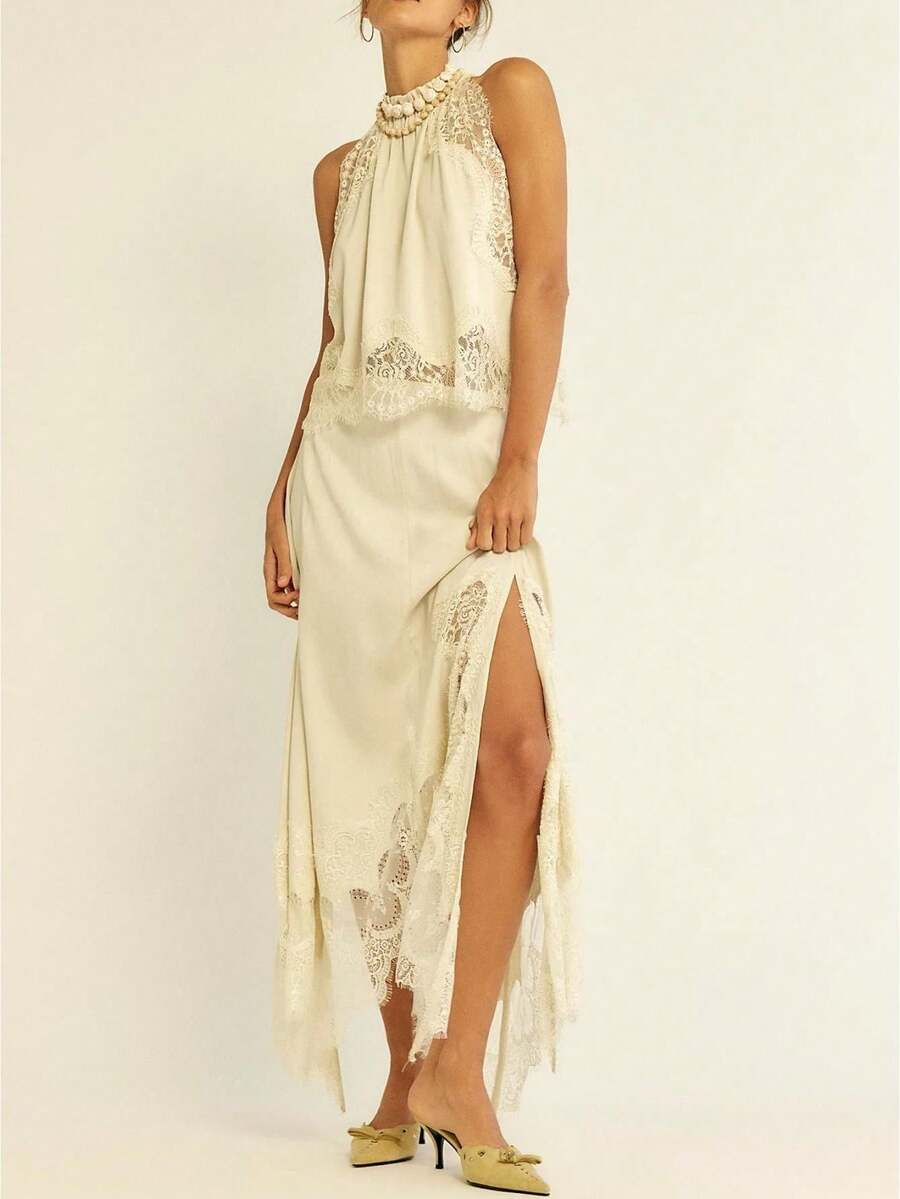 Women Satin Skirt Set Lace Trim Mock Neck Backless Tops Asymmetry Hem Maxi Skirt Y2k Silky Going Out Outfits - vàng nhạt - Xem 1