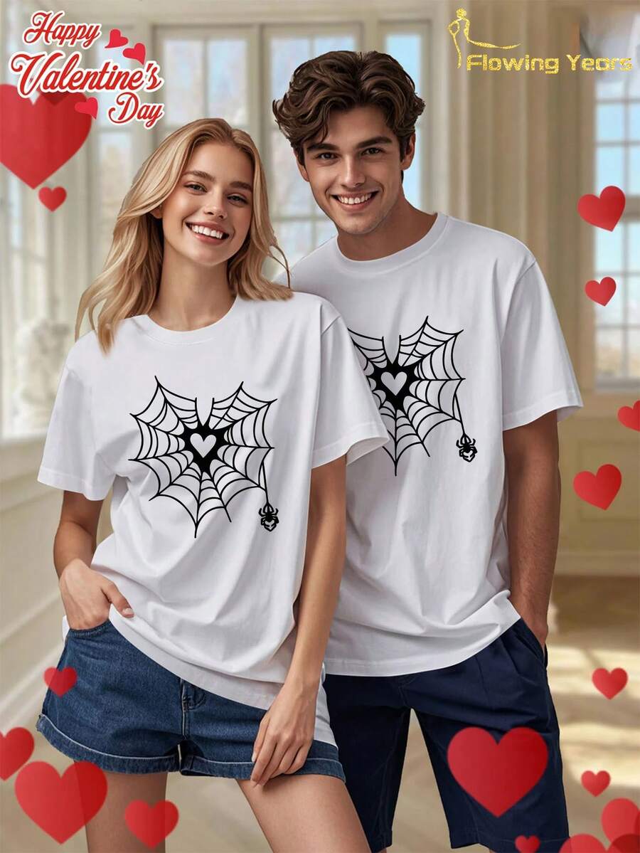 One Couple's Outfit, New Heart-Shaped Spider Print Pattern, Spring And Summer Casual Sports T-Shirt With A Round Neck And Short Sleeve Top, Sold Individually, Holiday Gift - phụ nữ da trắng - Xem 1