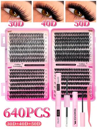 平台畅销推荐：一款畅销的大容量640片装（30D-40D-50D）睫毛嫁接套装，DIY睫毛嫁接工具套装。包含单簇假睫毛、D型卷翘假睫毛、睫毛簇，以及睫毛胶水、卸妆液、定型液和睫毛刷。