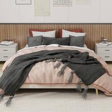 Modern Minimalist Bed Frame, 160 X 200 Cm, Beige, Upholstered In Dutch Velvet, Low Slatted Base, Contemporary Style Bedroom Furniture. Gas Lift Mechanism, Headboard And Mattress Not Included.