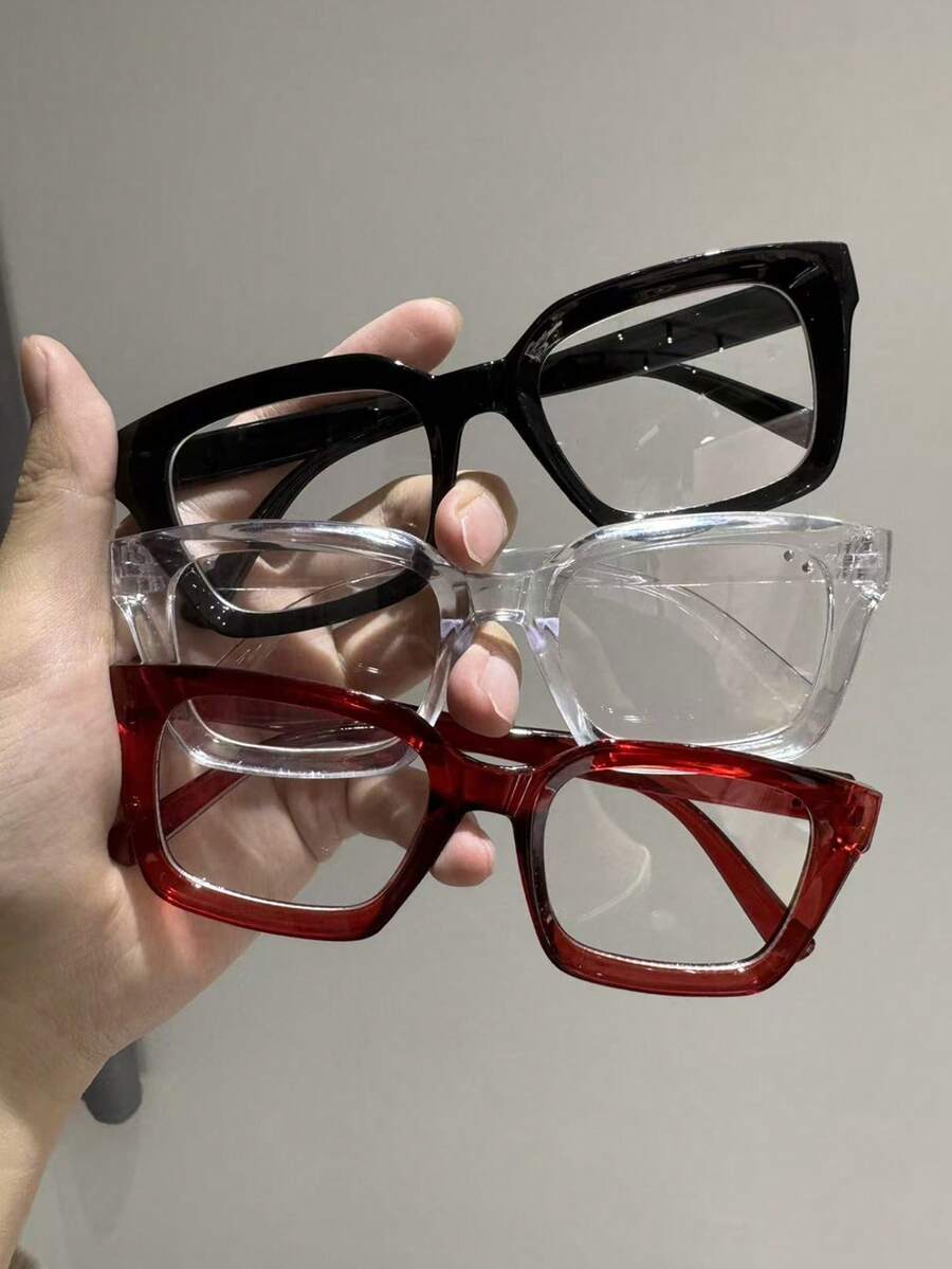 3pcs Men's Square Frame Transparent Lightweight Reading Glasses, Suitable For Daily Reading, Eye Protection, And Fashion Accessories - 3pcs Black, Red, and Transparent - View 1