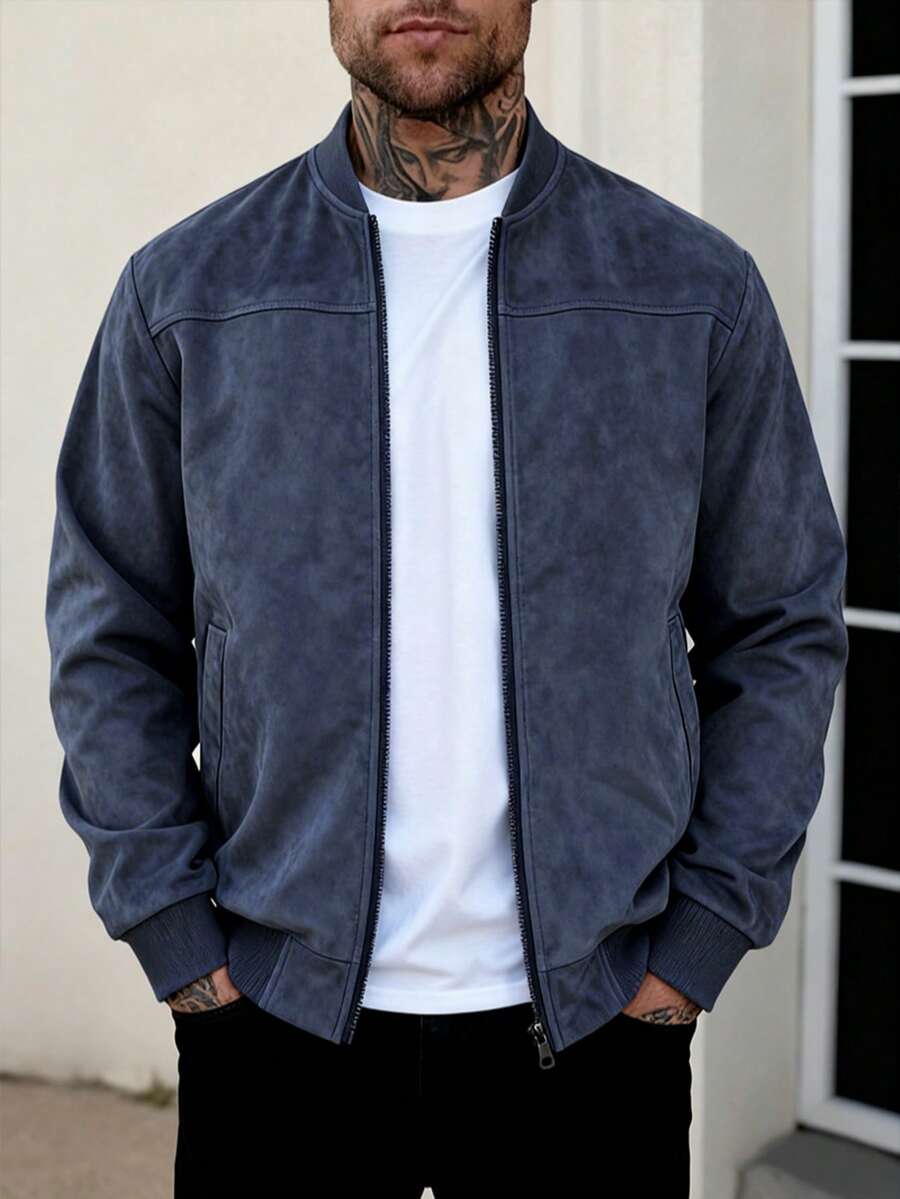 Áo khoác bomber nam màu xanh dương nhẹ, chất liệu da lộn, khóa kéo toàn thân, cổ đứng, kiểu dáng thường ngày, phù hợp cho mùa xuân và mùa thu, áo khoác giả da phong cách retro, áo khoác thường ngày đi làm, món quà chất lượng cao dành cho nam giới. - Xanh đậm - Xem 1