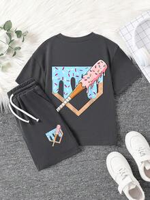 Bộ áo thun tay ngắn và quần short in họa tiết hoạt hình cho trẻ mới biết đi - Màu xám đen - Xem 3
