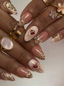 24 piezas de uñas postizas clásicas y minimalistas con formas de corazón, luna, estrella, francés y línea en color dorado metálico con forma de almendra, adecuadas para el Día de San Valentín, Año Nuevo, fiestas, bailes y ocasiones casuales, reutilizables y fáciles de quitar. Incluye pegamento de gelatina y lima de uñas. - Multicolor - Ver 12