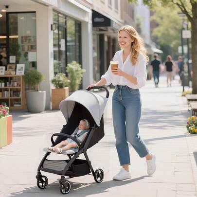  AIYAPLAY Baby Pushchair, Foldable Toddler Stroller With Adjustable Backrest & Footrest, Canopy, Storage Basket, Compact With One Hand Baby Buggy, From Birth To 3 Years (15kg), Light Grey