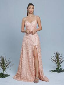 带肩带的口袋式礼服，饰有刺绣蕾丝贴花，扇形边缘，前开衩设计，高端晚礼服。女士优雅连衣裙 - 橘色 - 查看 4