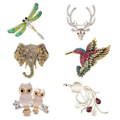 XISH Set de 6 Broches de Mujer Vintage - Pines de Cristal con Animales Búho Colibrí Ciervo y Insectos (Fénix Libélula) - Accesorios de Joyería para Regalos de Navidad Niñas y Mujeres