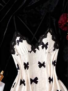 One Piece Women'sSexy Lingerie Sleepwear Bow Pattern Split Cross Strap Lace Up Backless V-Neck Dress Contrast Lace And Velvet Comfortable Home Nightgown - White - View 4