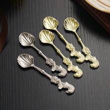 4件套复古鲤鱼/美人鱼咖啡勺、创意贝壳甜点勺、欧式复古鱼形搅拌茶匙、小茶匙、咖啡吧配件