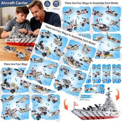 8-In-1 Mega Transforming Battleship Builing Set For Boys - 1040 PCS Army Building Blocks With Aircraft Carrier Cruiser Tanks Planes - 32 Transforming In 1 STEM Construction Gift For Ages 8-12Material Safety And Rich Functionality
