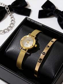 1 pieza Reloj de cuarzo de mujer pequeño, multifuncional y de moda, con esfera redonda y sencilla, correa de aleación, reloj de pareja o hermanas, adecuado para uso diario y como regalo de vacaciones - Dorado - Ver 15