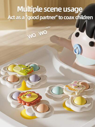 3pcs Colorful Suction Cup Spinning Tops Toys - Rotary Spinner Suitable For Windows, Bathroom And Travel, Cartoon Animal Suction Cup Spinning Toys, Suitable For 6 Months+ Infants Birthday Gifts, Easter, Halloween, Christmas, 2026 New Year Gifts, Ramadan/Eid Al-Adha Gifts