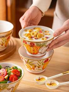 2/4 件套陶瓷碗勺套装，南瓜图案餐具，400 毫升/13.5 盎司乡村风格早餐燕麦碗、酸奶碗、沙拉碗、甜点碗，适用于洗碗机、烤箱、微波炉，适合家庭、厨房、餐厅、派对、宴会、万圣节礼物 - 彩色 - 查看 3