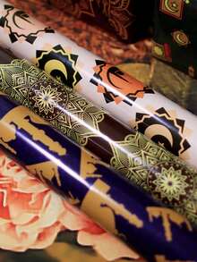 6pcs Elegant Holiday Gift Wrapping Paper, Islamic Muslim Party Supplies, Crescent Moon & Star Pattern With Gold Accents, Suitable For Birthday, Anniversary And Holiday Celebrations, Complex Design Paper, Polypropylene Material, Holiday Gift Wrapping Paper - Multicolor - View 8