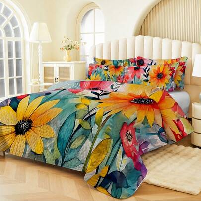 مجموعة أغطية السرير (1 غطاء لحاف + 1/2 كيس وسادة)، طباعة رقمية مائية للزهور، ناعمة ومريحة، عصرية وطازجة، مناسبة للفندق والغرفة والسكن الجامعي، لجميع الفصول