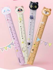 1pc Cute Cat & Dog Cartoon Animal Shaped 15cm Ruler With Fuzzy Ball, Wavy Line Scale, Adorable Stationery - Multicolor - View 1
