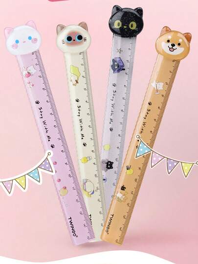 1pc Cute Cat & Dog Cartoon Animal Shaped 15cm Ruler With Fuzzy Ball, Wavy Line Scale, Adorable Stationery,Rulers