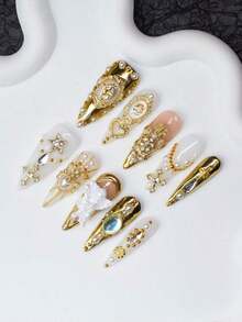 10pcs/Set Handmade Almond-Shaped Y2K Baddie Style Press-On Nails,, Gold, White Colors With French Tips, Asymmetrical Metallic Patterns, Beads, Hearts, Pearls, Gems, Crosses, Rhinestones, Decorations, Suitable Women And Girls, Party, Wedding, Daily Wear, Includes Kit, Great Ladies - Nhiều màu - Xem 4