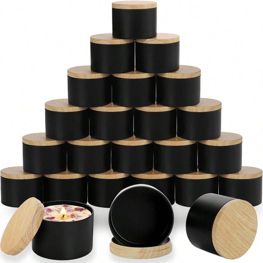 6/12 Peças Potes de Vela Pretos e Brancos, Suportes de Vela Pretos Foscos de 4oz com Tampas de Grão de Madeira, Para Fabricação de Velas, Suportes de Pavio, Adesivos de Pavio, Artesanato DIY, Armazenamento de Itens Pequenos, Bases para Velas