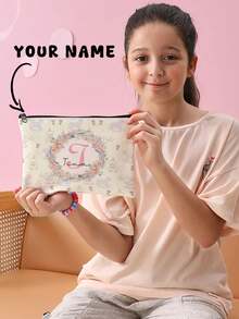 1pc Customizable Name/Text, Cartoon Floral & Animal Pattern Double-Sided Print Travel Portable Cosmetic Storage Bag, Multi-Function Zipper Makeup Bag Wallet, Perfect For Children's Skincare Storage, Can Be Customized According To Your Name - Multicolor - View 3