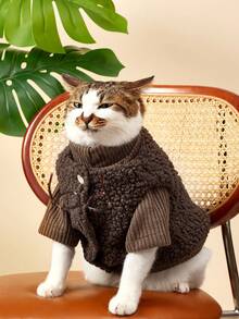 PETSIN Autumn/Winter New Pet Plush Vest & Sweater 2 Pieces Set, Cute Style For Hairless Cats, Warm Outfit For Medium/Small Cats - Coffee Brown - View 1