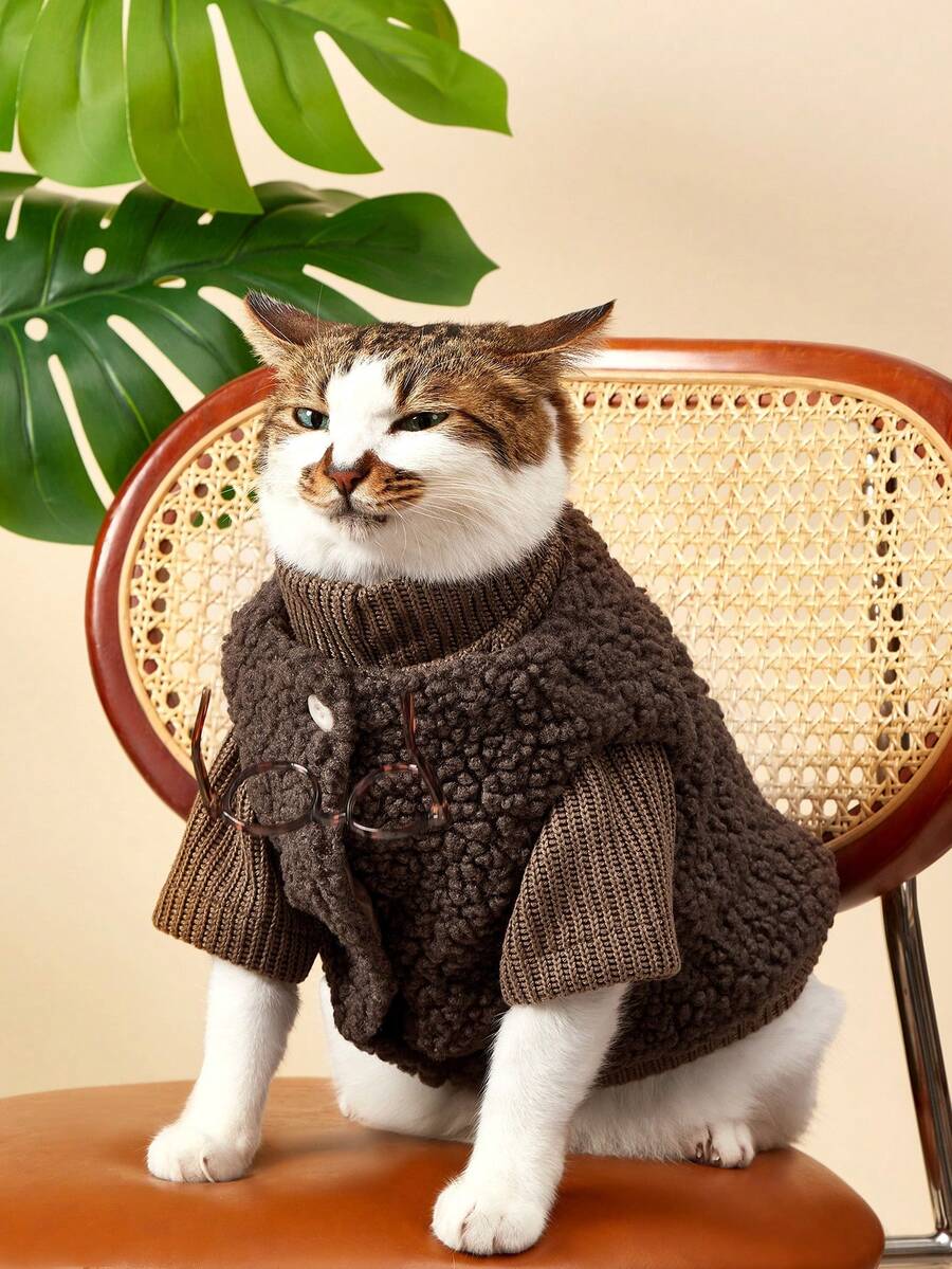 PETSIN Autumn/Winter New Pet Plush Vest & Sweater 2 Pieces Set, Cute Style For Hairless Cats, Warm Outfit For Medium/Small Cats - Coffee Brown - View 1