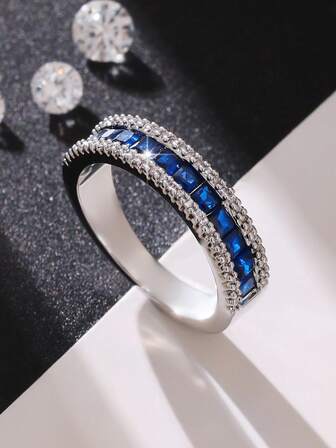 1pc Fashionable Blue & White Zirconia Ring, Surprise Gift For Lover, Mother, Party