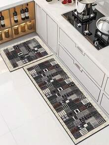 1 Stück Vintage amerikanischer Stil geometrisches Patchwork Muster Silikon Badezimmermatte, bestehend aus Stoffoberfläche, Schaumstoffmittellage und Gummiboden, geeignet für Küche, 3,5 mm dick, Retro Patchwork Design in Grau, Braun und Weiß Tönen