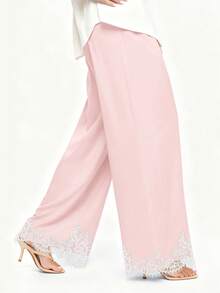 Women's Spring Summer Satin Pants Lace Trim Cuff Loose Wide Leg Trousers For Daily Wear - Hồng - Xem 3