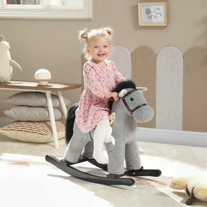 AIYAPLAY Baby Rocking Horse, Plush Ride On Toy With Handle Grip, Sound And Toy, Toddler Animal Rocker For Kids Aged 2-5, Grey