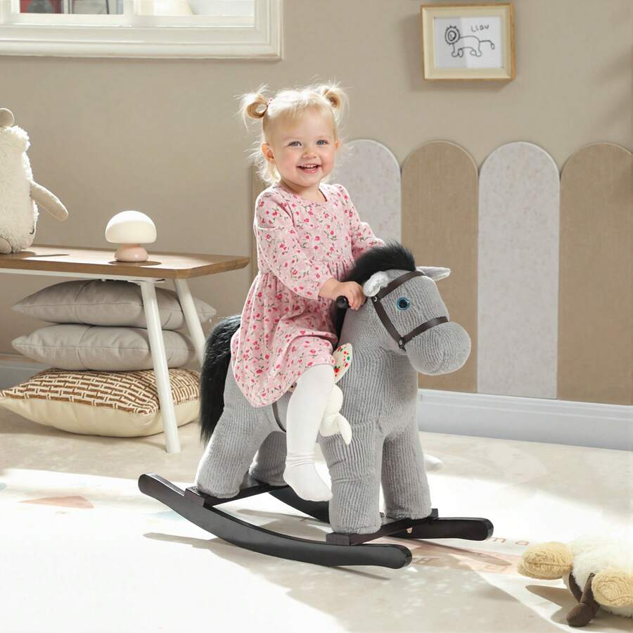 AIYAPLAY Baby Rocking Horse, Plush Ride On Toy With Handle Grip, Sound And Toy, Toddler Animal Rocker For Kids Aged 2-5, Grey - Grey - View 1