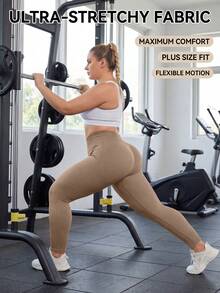 Mallas de yoga de cintura alta sin costuras, pantalones ajustados para hacer ejercicio - Caqui - Ver 4