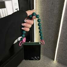 Deep Green Vertical Striped Phone Case With Heart-Shaped Beaded Bracelet, Compatible With Samsung Galaxy ZFlip7, ZFlip6, ZFlip 5, Shock-Resistant Back Cover - Dark Green - View 2