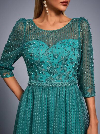 Vestido de fiesta elegante de verano para mujer con bordado de perlas y encaje, color verde esmeralda, ideal para invitada de boda, fiesta o cita nocturna, con cuello redondo, mangas 3/4 transparentes y falda larga de línea A