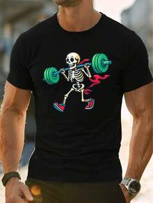 Camiseta de hombre con estampado de esqueleto levantador de pesas, algodón suave, corte cómodo, estampado artístico informal. - Negro - Ver 1