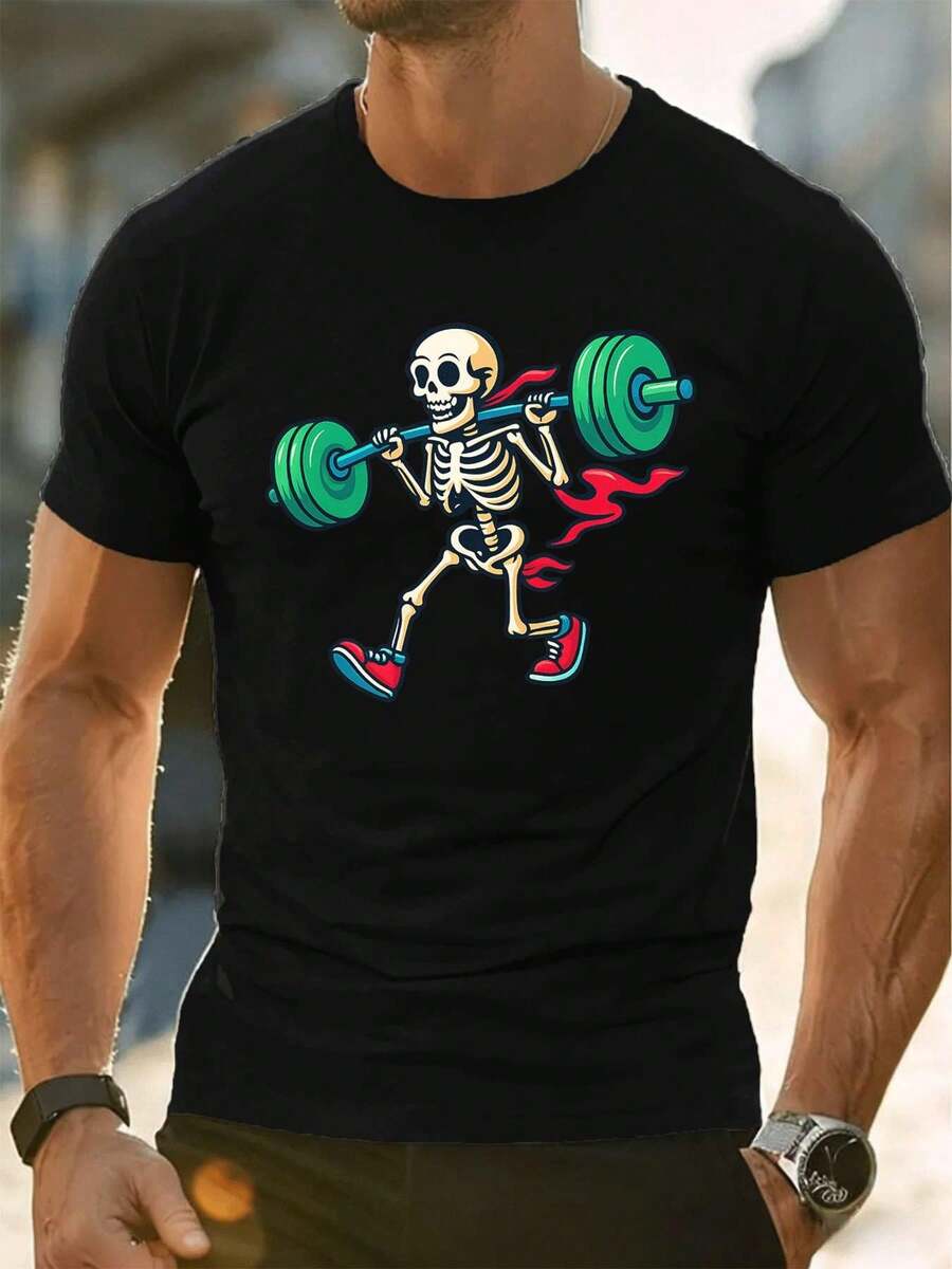 Camiseta de hombre con estampado de esqueleto levantador de pesas, algodón suave, corte cómodo, estampado artístico informal. - Negro - Ver 1