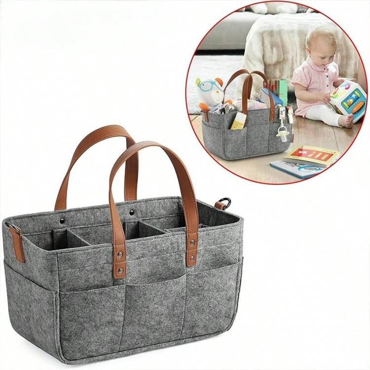 XFH Large Diaper Storage Basket - Multi-Layer Portable Storage Basket With Removable Shoulder Straps And Lid, Made Of High-Quality Felt Material, Suitable For Home/Vehicle Travel - Neutral Gray Color, With Reasonable Functional Design, Soft To The Touch - 深灰色 - 查看 2