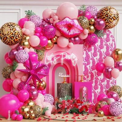 PAGEEBO 113 Parça Parlak Pembe Leopar Desenli Balon Kemer Seti, Pembe ve Altın Lateks Balonlar, Leopar Desenli Folyo Balonlar, Kadınların Doğum Günü, Düğün, Gelin Partisi, Sevgililer Günü Partisi Dekorasyonu İçin Uygundur