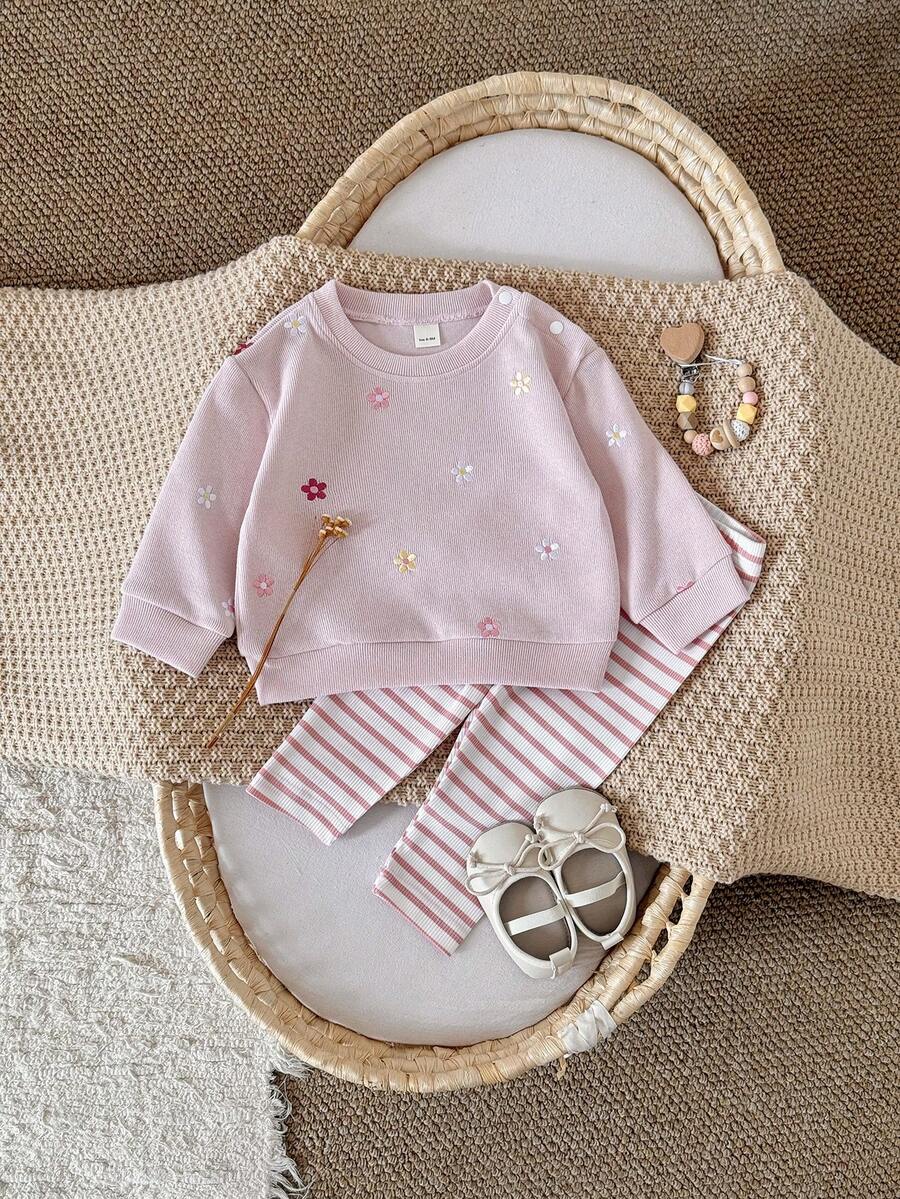 2件組女嬰服裝 粉色花卉刺繡肩扣衛衣與長褲 春秋款