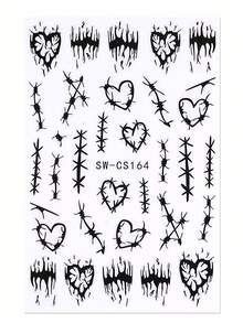 3D哥特式黑色爱心美甲贴纸 2片装 镂空爱心缝线涂鸦条纹美甲设计 DIY Y2K情人节自粘美甲沙龙贴纸 滑动式美甲装饰 美甲用品 指甲 - 黑色 - 查看 3