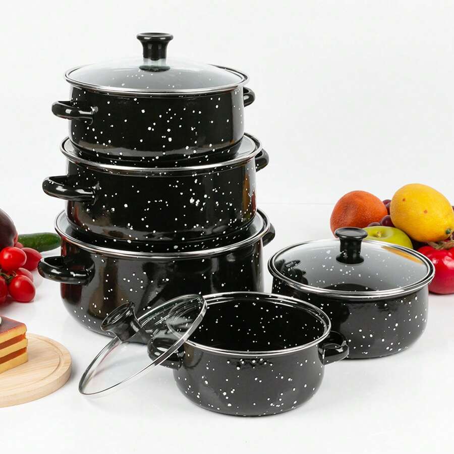 5pcs Enamel Stockpot Set With Lids, Induction Compatible Cooking Pot Set For Stovetop, Multi-Size - Black - View 1