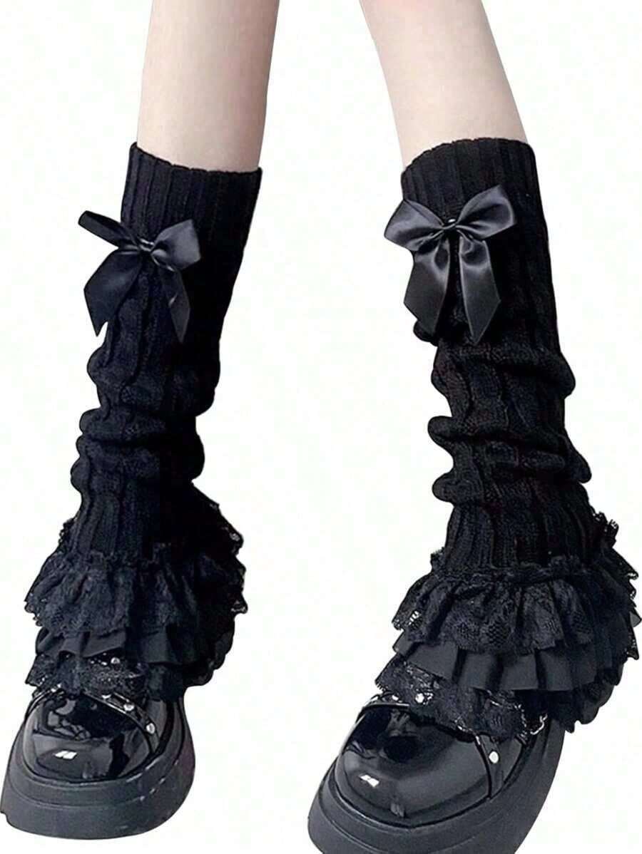 1 Pair Women's Black Lolita Bow Lace Trim Twist Leg Warmers - 黑色 - 查看 1