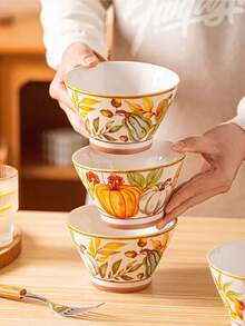 2/4 件套陶瓷碗勺套装，南瓜图案餐具，400 毫升/13.5 盎司乡村风格早餐燕麦碗、酸奶碗、沙拉碗、甜点碗，适用于洗碗机、烤箱、微波炉，适合家庭、厨房、餐厅、派对、宴会、万圣节礼物 - 彩色 - 查看 4