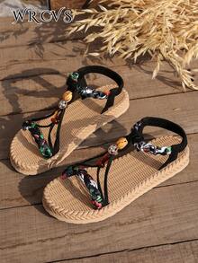 WRCVS Dép xăng đan màu đen, Dép xăng đan đế bằng dành cho nữ, Dệt, Nhẹ, Chống trượt, Giày đi biển, Đế dây gai dầu giả, Họa tiết hoa ngẫu nhiên, Phong cách Bohemian, Mũi tròn, Dép xăng đan dành cho học sinh - màu đen - Xem 8