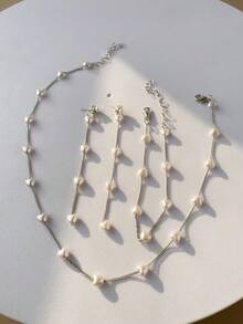 一套优雅复古念珠手链项链耳环首饰套装，时尚高端法式复古风格项链，适合女性，适合派对、日常佩戴、节日礼物。 - 愛心 - 查看 4